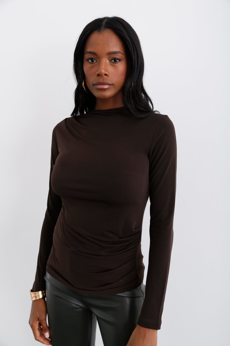 Acı Kahve Drape Detaylı Jarse Bluz 4039