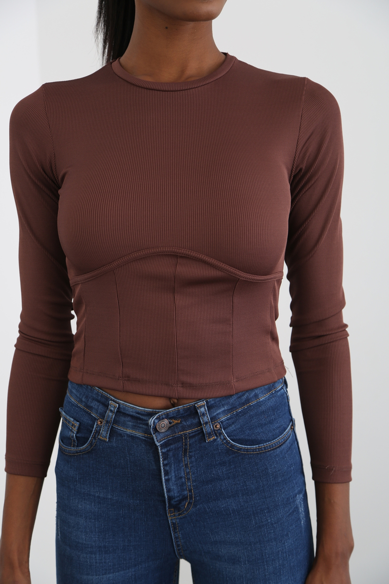Acı Kahve Fitilli Jarse Crop Bluz 3330