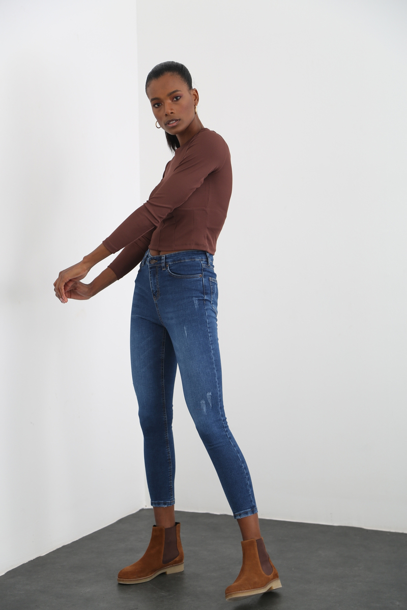 Acı Kahve Fitilli Jarse Crop Bluz 3330