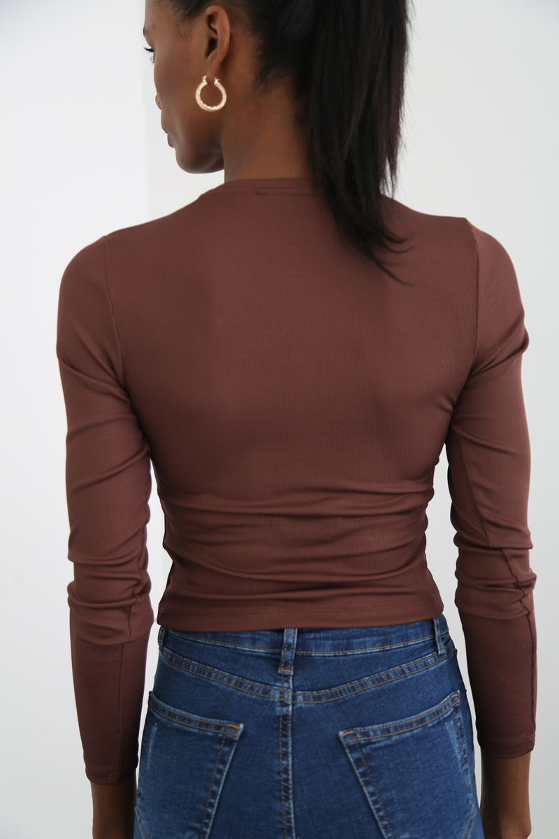 Acı Kahve Fitilli Jarse Crop Bluz 3330