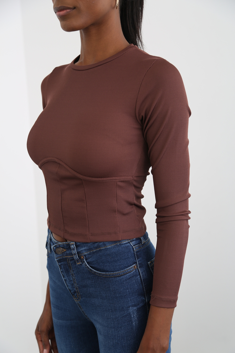 Acı Kahve Fitilli Jarse Crop Bluz 3330