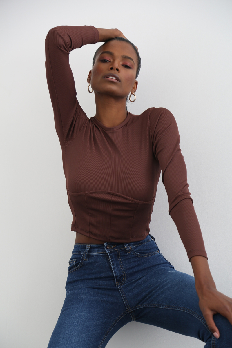 Acı Kahve Fitilli Jarse Crop Bluz 3330