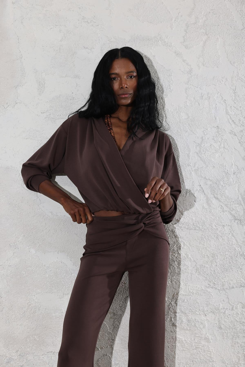 Acı Kahve Kapüşonlu Modal Kruvaze Sweatshirt 3148