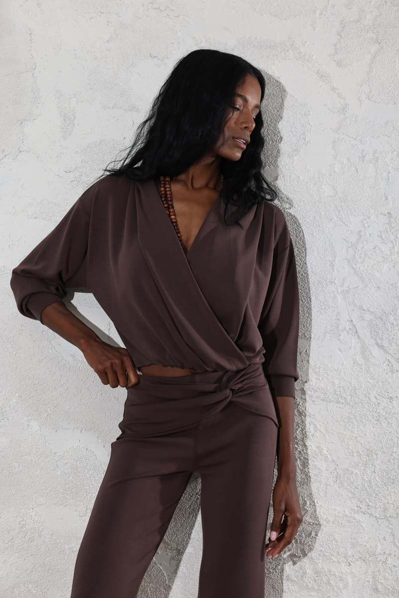 Acı Kahve Kapüşonlu Modal Kruvaze Sweatshirt 3148