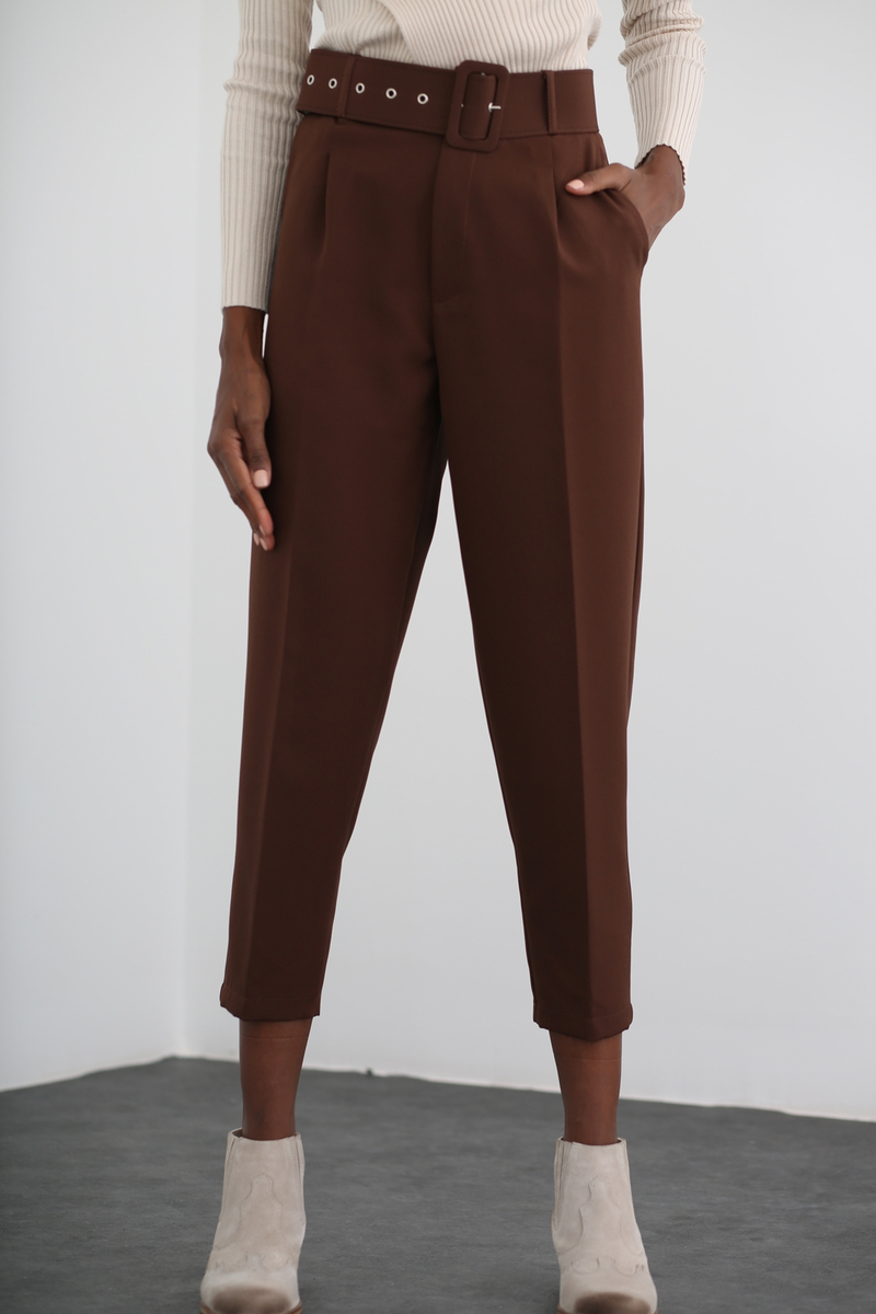 Acı Kahve Kemerli Krep Pantolon 0108