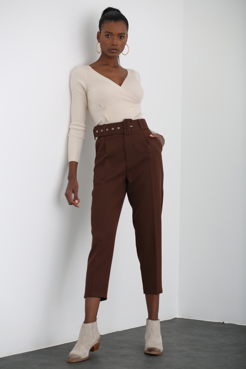 Acı Kahve Kemerli Krep Pantolon 0108