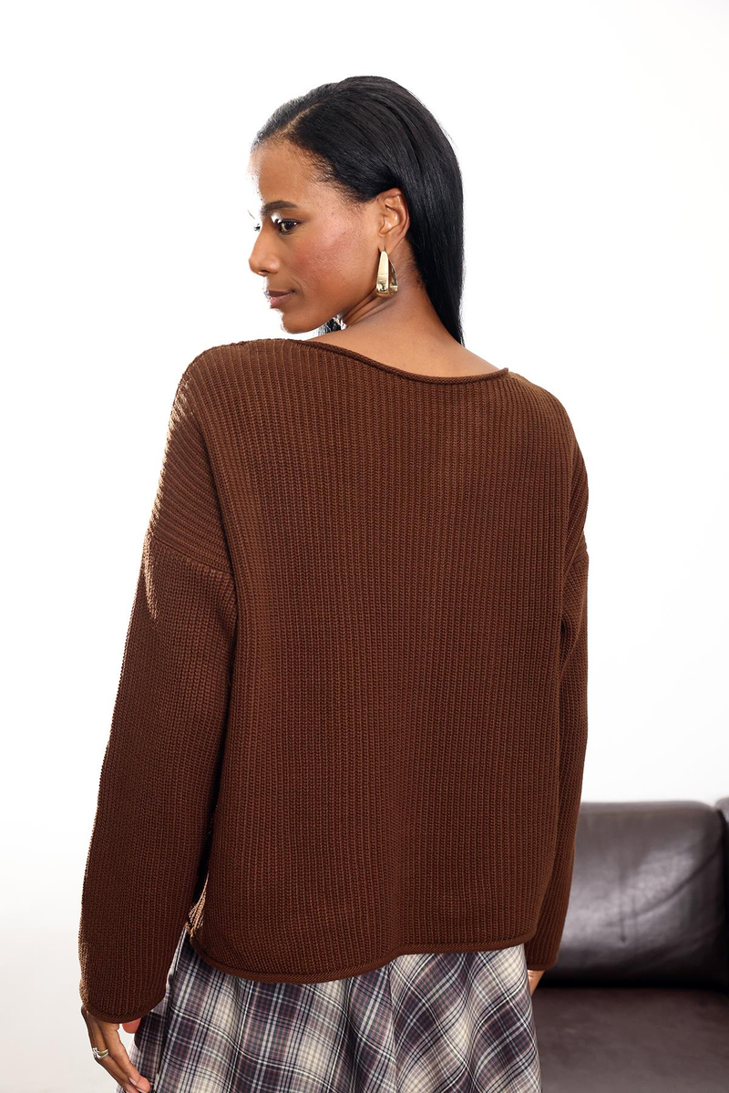 Acı Kahve Sosis Yaka Örgü Kazak 