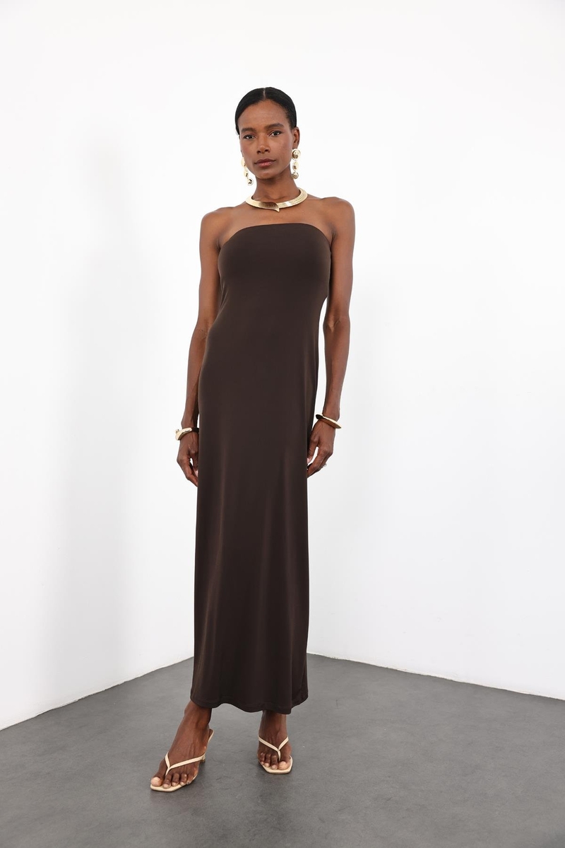 Acı Kahve Straplez Bodycon Elbise 