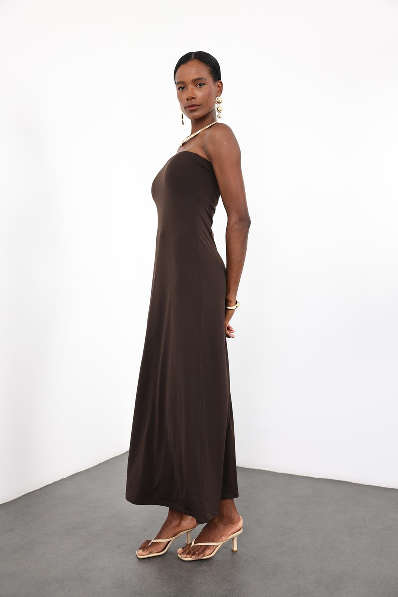 Acı Kahve Straplez Bodycon Elbise 
