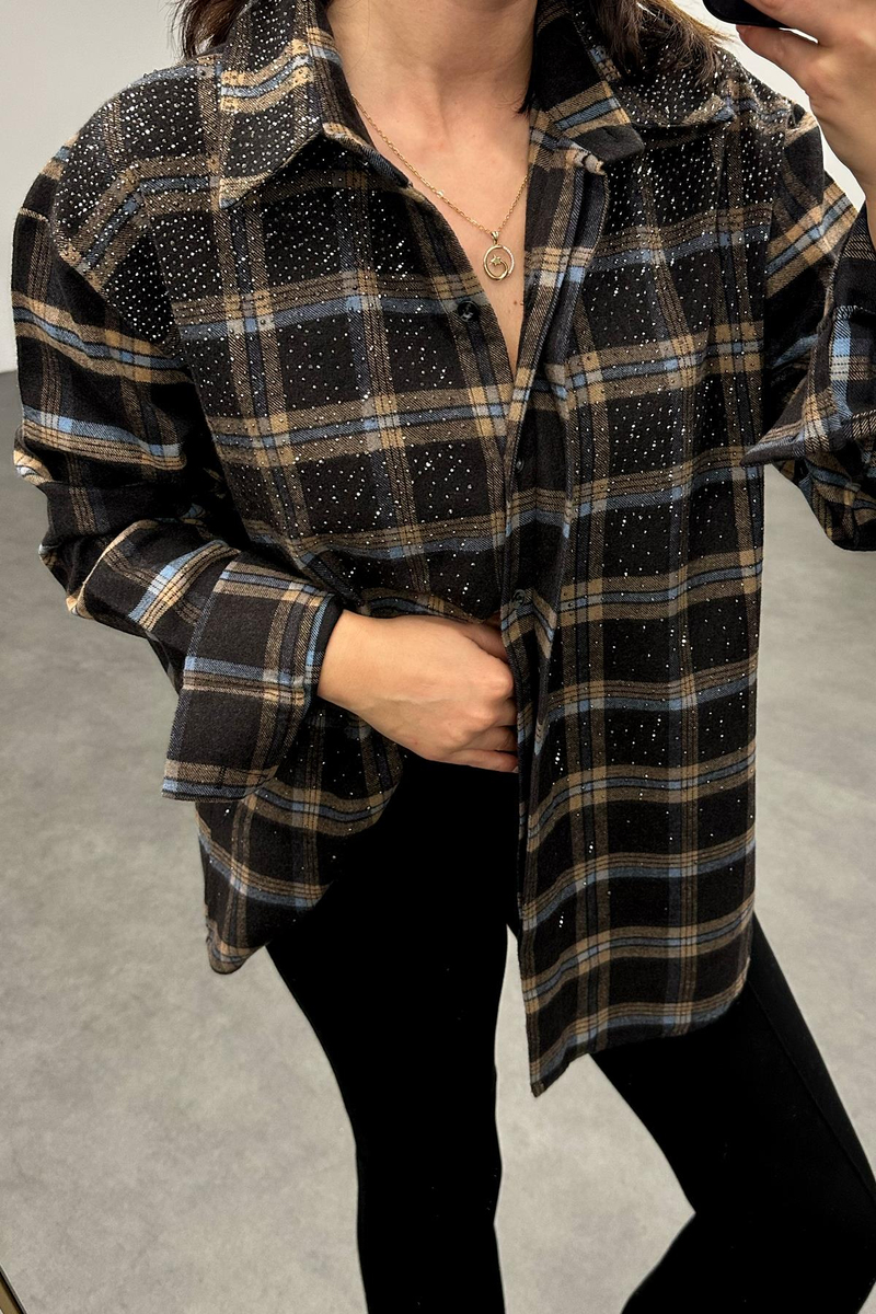 Acı Kahve Taş Detaylı Kareli Gömlek 