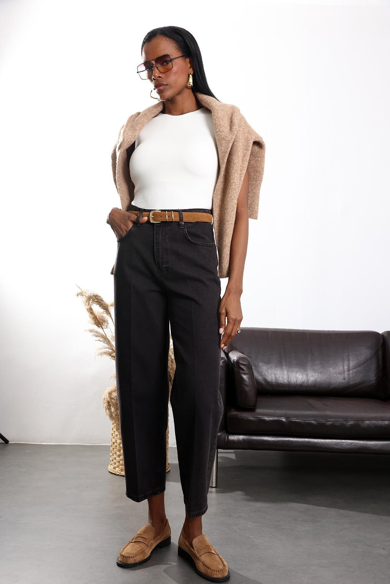 Acı Kahve Yüksek Bel Baggy Jean 3004