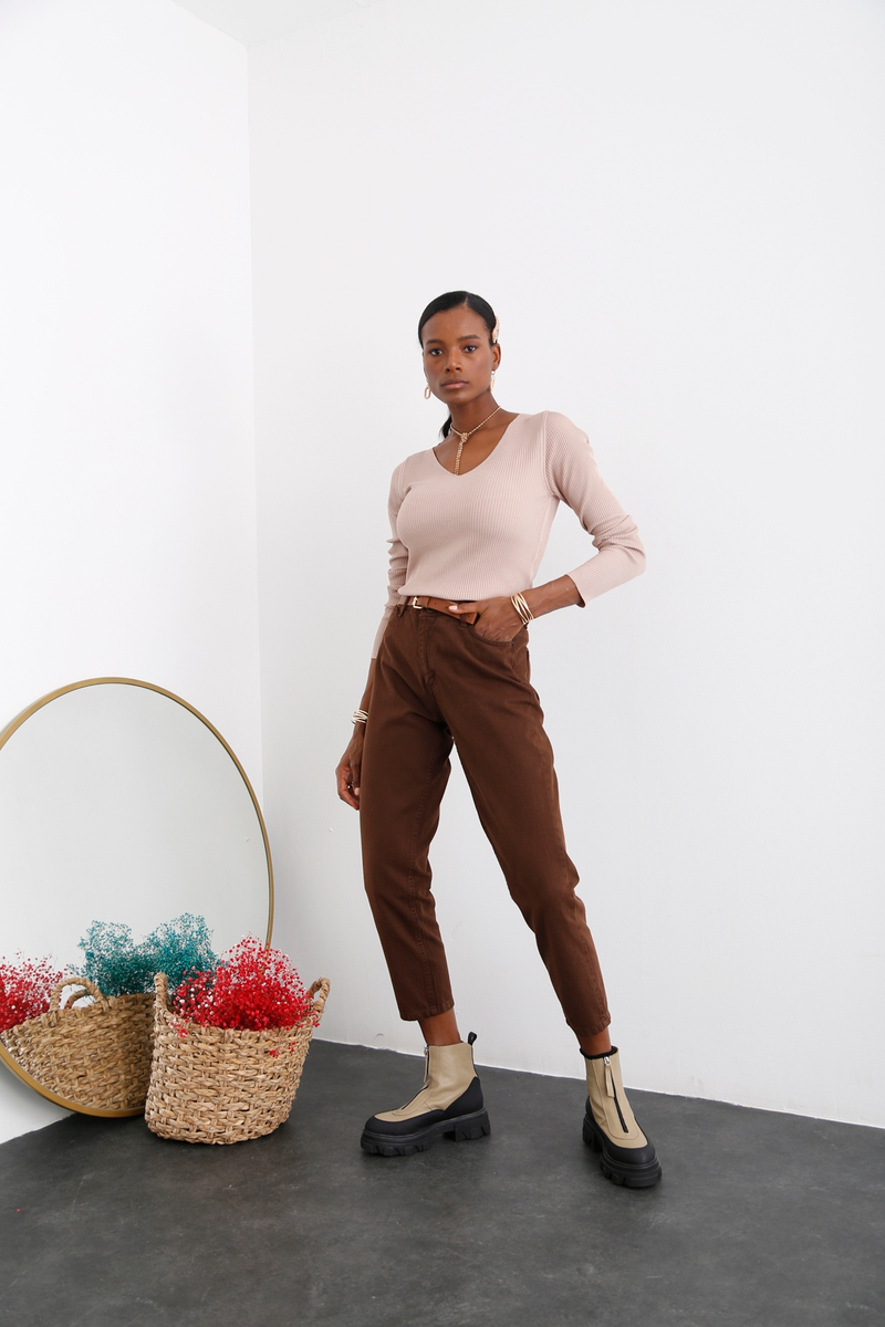 Acı Kahve Yüksek Bel Mom Fit Jean-1 