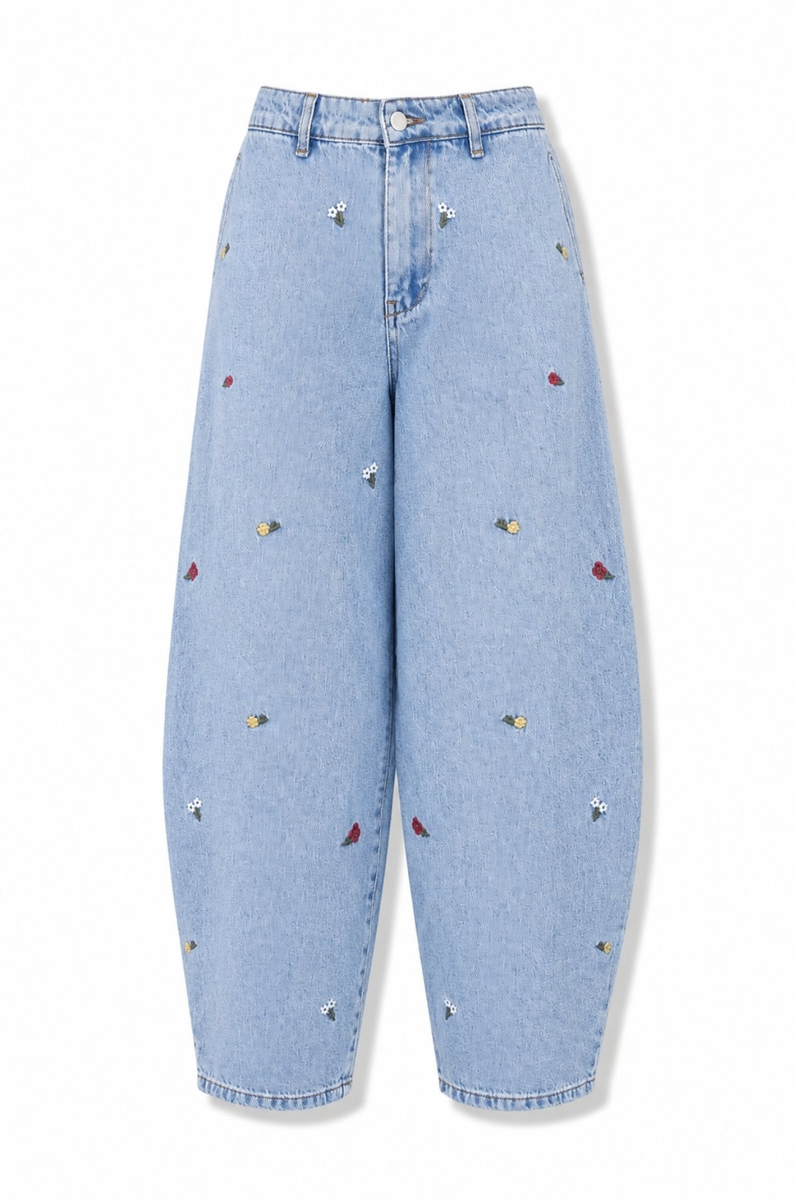 Açık Mavi Çiçek Nakış İşlemeli Baggy Jean 