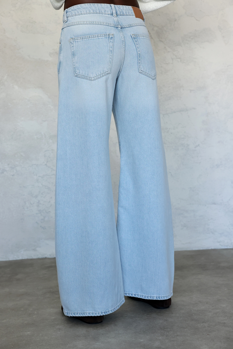 Açık Mavi Dikiş Detaylı Wide Leg Jean 