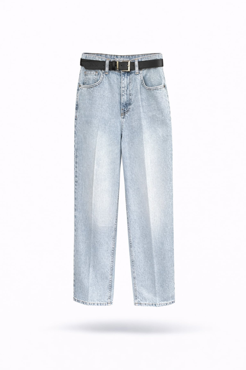 Açık Mavi Kemerli Baggy Jean 3010