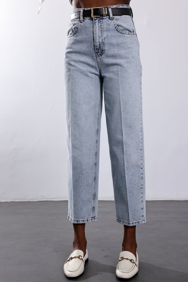 Açık Mavi Kemerli Baggy Jean 3010