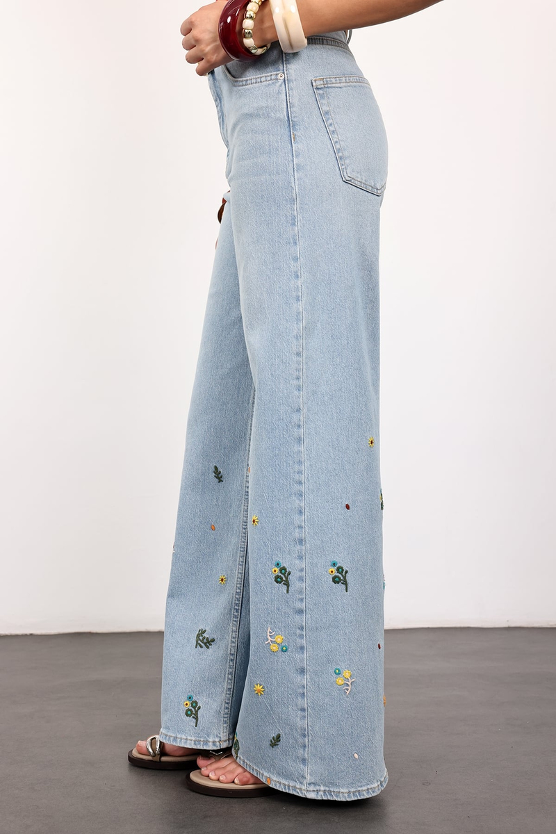 Açık Mavi Nakış İşlemeli Wide Leg Jean 1031