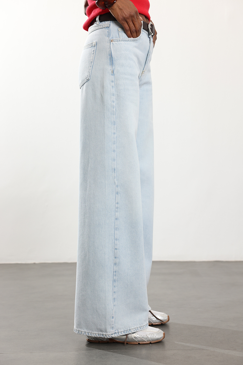 Açık Mavi Orta Bel Dikişli Wide Leg Jean 