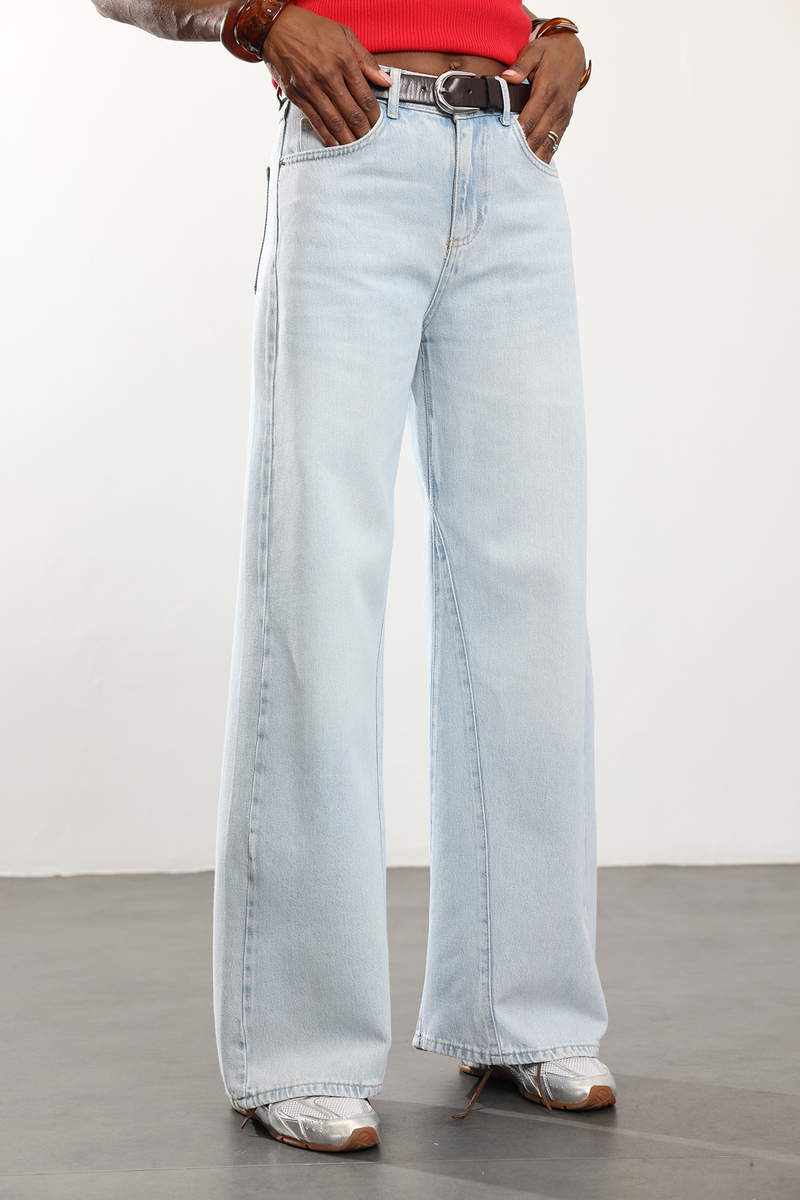 Açık Mavi Orta Bel Dikişli Wide Leg Jean 