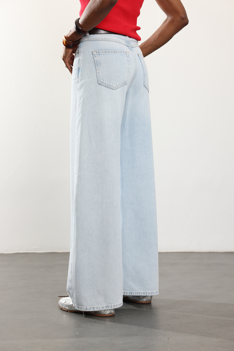 Açık Mavi Orta Bel Dikişli Wide Leg Jean 