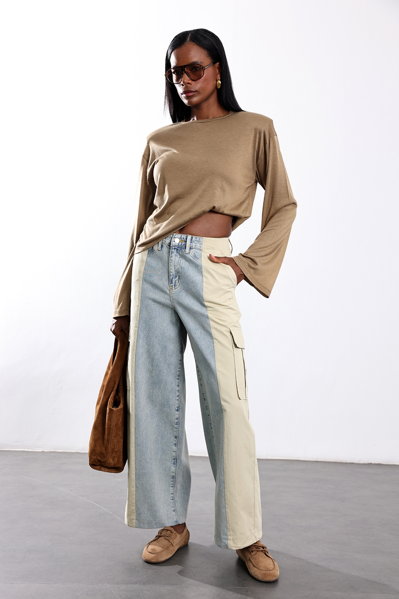 Açık Mavi Renk Bloklu Wide Leg Jean 