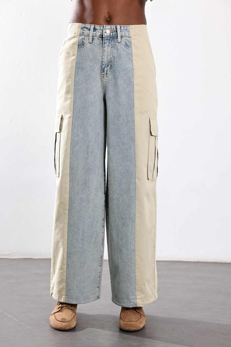 Açık Mavi Renk Bloklu Wide Leg Jean 