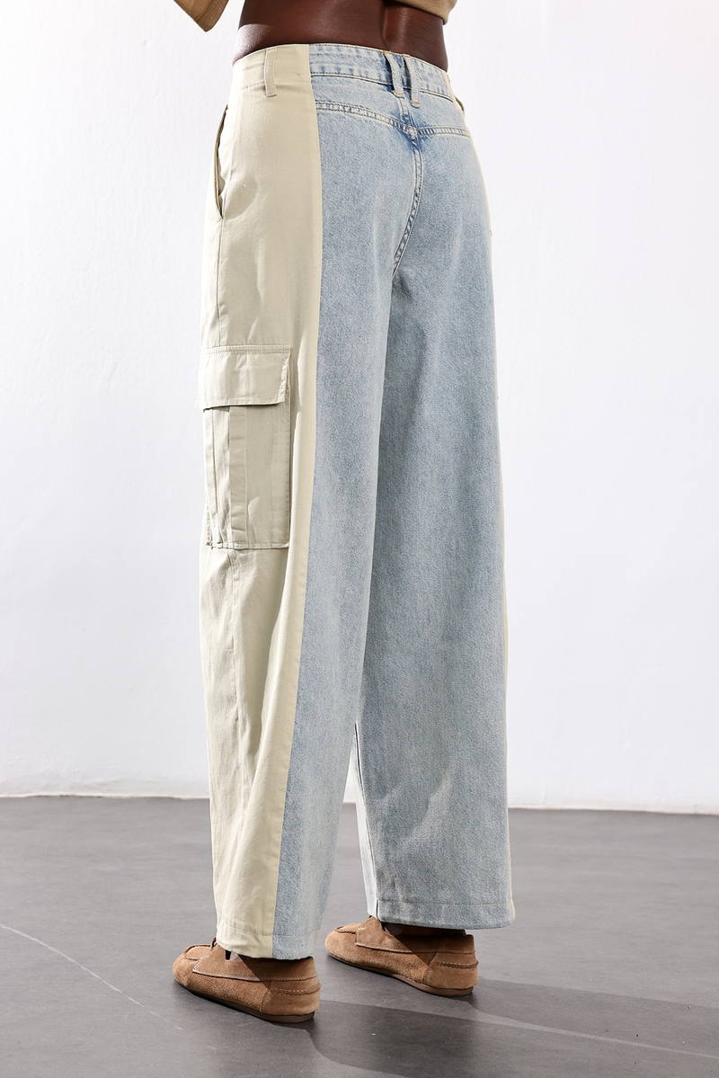 Açık Mavi Renk Bloklu Wide Leg Jean 