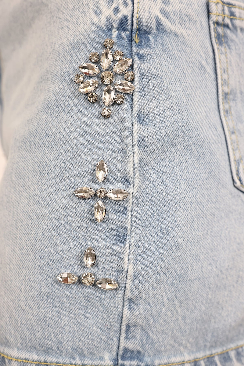 Açık Mavi Taş İşlemeli Denim Şort 18442