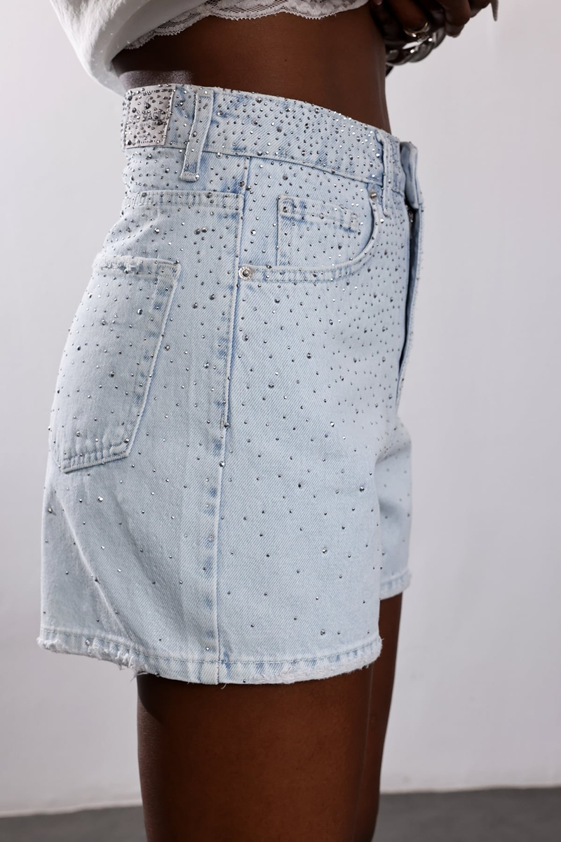 Açık Mavi Taşlı Denim Şort 5483