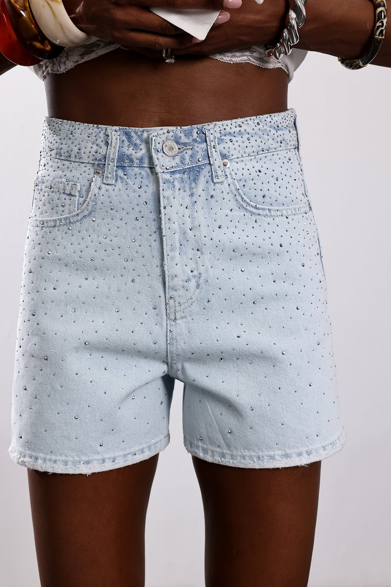 Açık Mavi Taşlı Denim Şort 5483