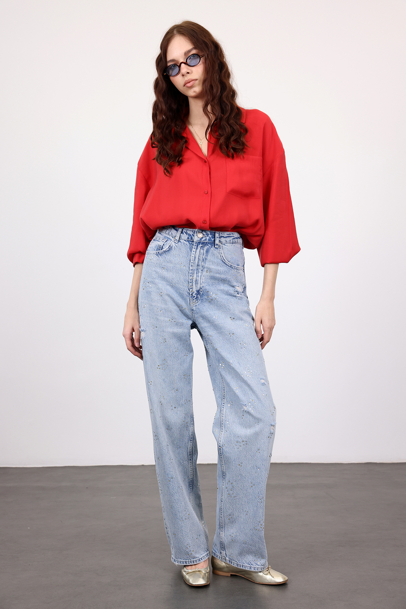 Açık Mavi Taşlı Wide Leg Jean 8188
