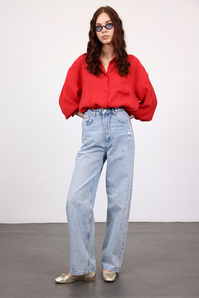 Açık Mavi Taşlı Wide Leg Jean 8188