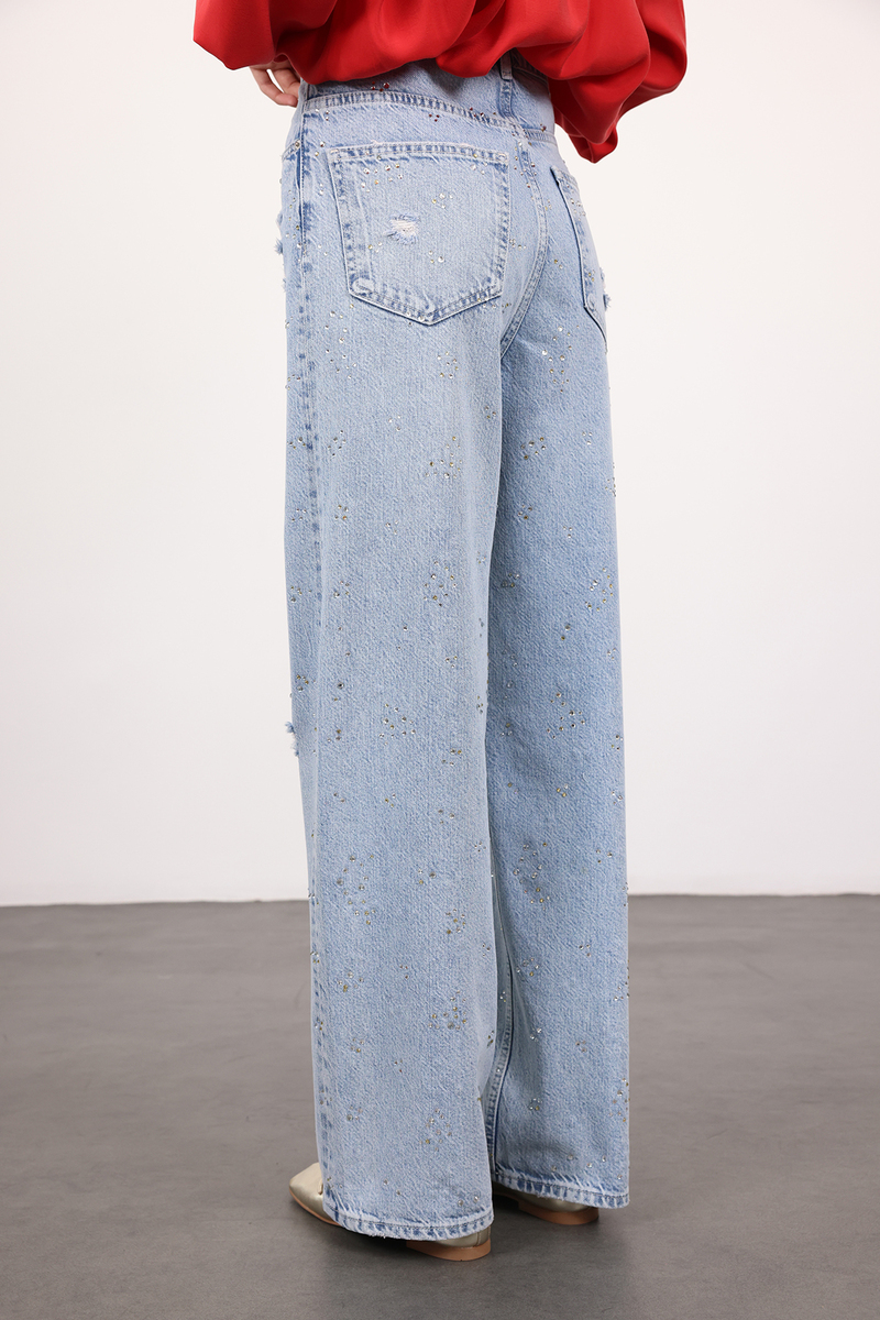 Açık Mavi Taşlı Wide Leg Jean 8188