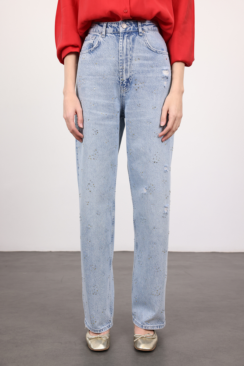 Açık Mavi Taşlı Wide Leg Jean 8188