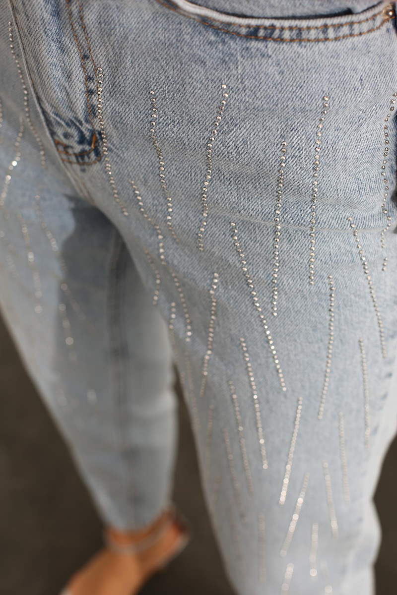 Açık Mavi Ultra Yüksek Bel Taşlı Mom Jean 1084