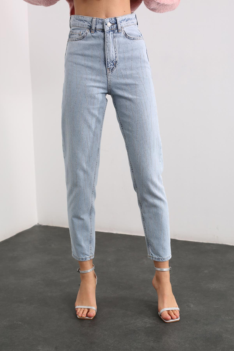 Açık Mavi Ultra Yüksek Bel Taşlı Mom Jean 1084