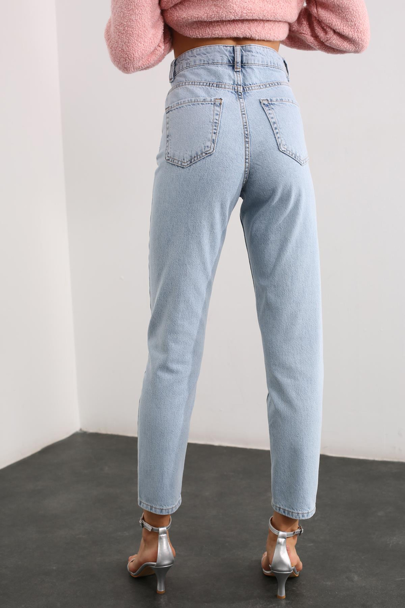 Açık Mavi Ultra Yüksek Bel Taşlı Mom Jean 1084