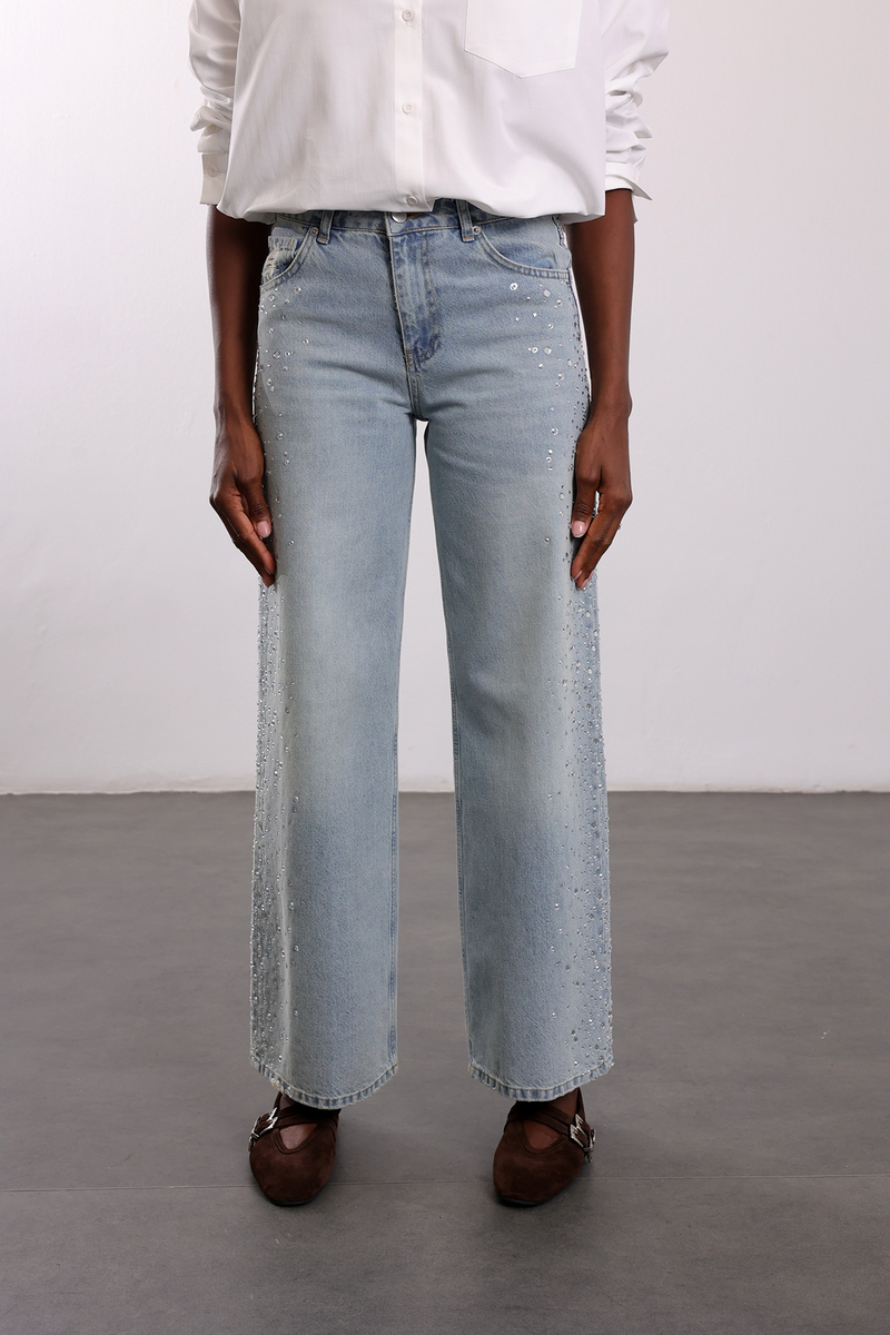 Açık Mavi Yanları Taşlı Wide Leg Jean 19119