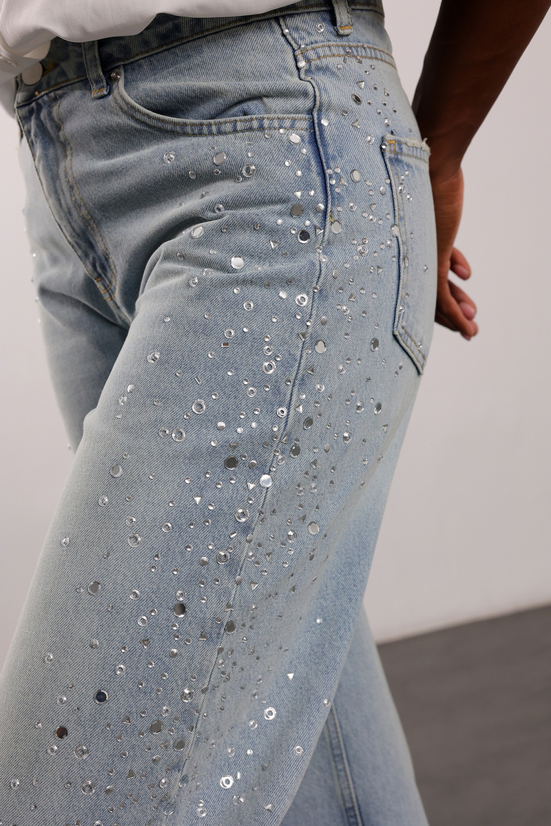 Açık Mavi Yanları Taşlı Wide Leg Jean 19119
