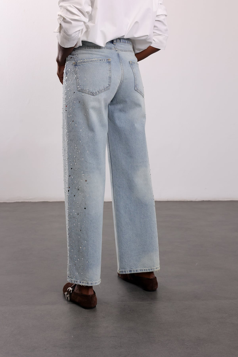 Açık Mavi Yanları Taşlı Wide Leg Jean 19119