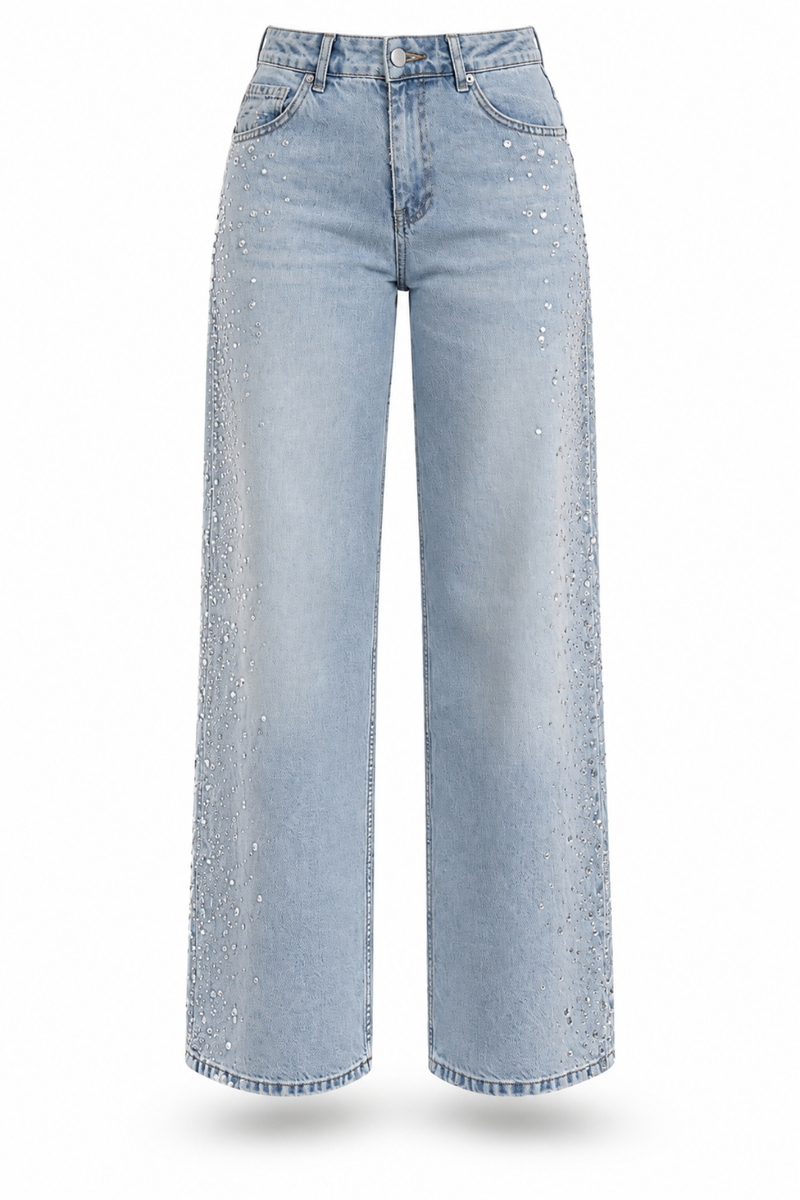 Açık Mavi Yanları Taşlı Wide Leg Jean 19119