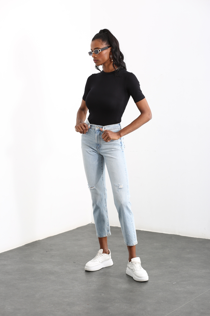 Açık Mavi Yüksek Bel Dizi Yırtık Boyfriend Jean 