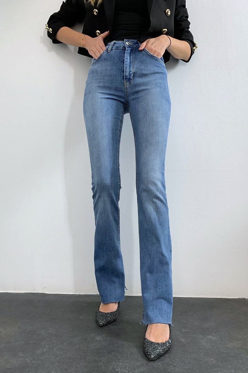 Açık Mavi Yüksek Bel Slim Flare Jean 917
