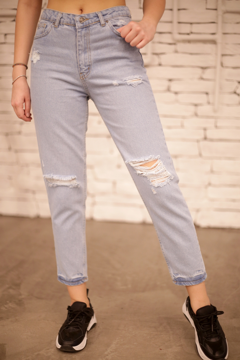 Açık Mavi Yüksek Bel Yırtıklı Mom Jean 002381
