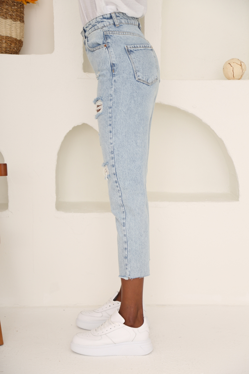 Açık Mavi Yüksek Bel Yırtıklı Mom Jean 21319