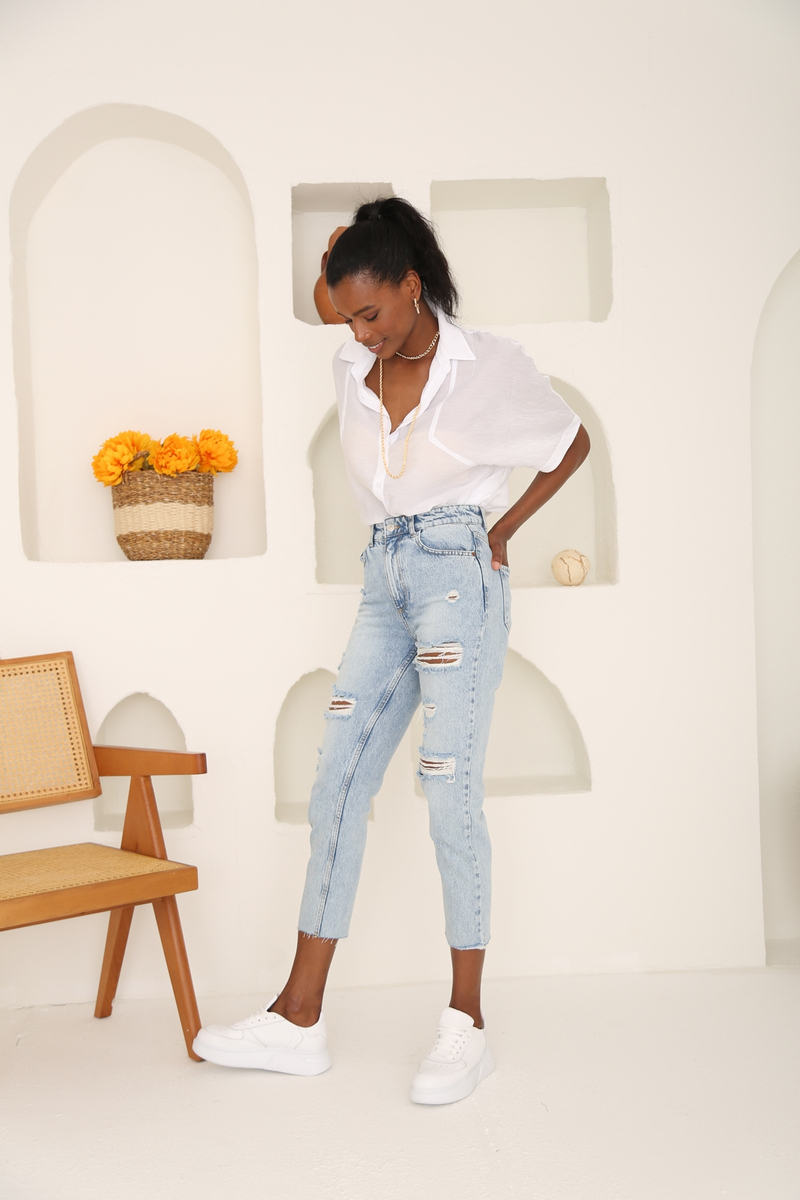 Açık Mavi Yüksek Bel Yırtıklı Mom Jean 21319