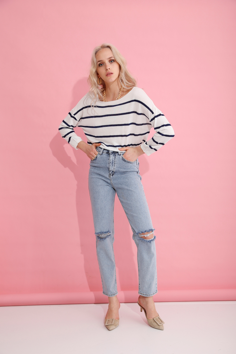 Açık Mavi Yüksek Bel Yırtıklı Mom Jean 0065