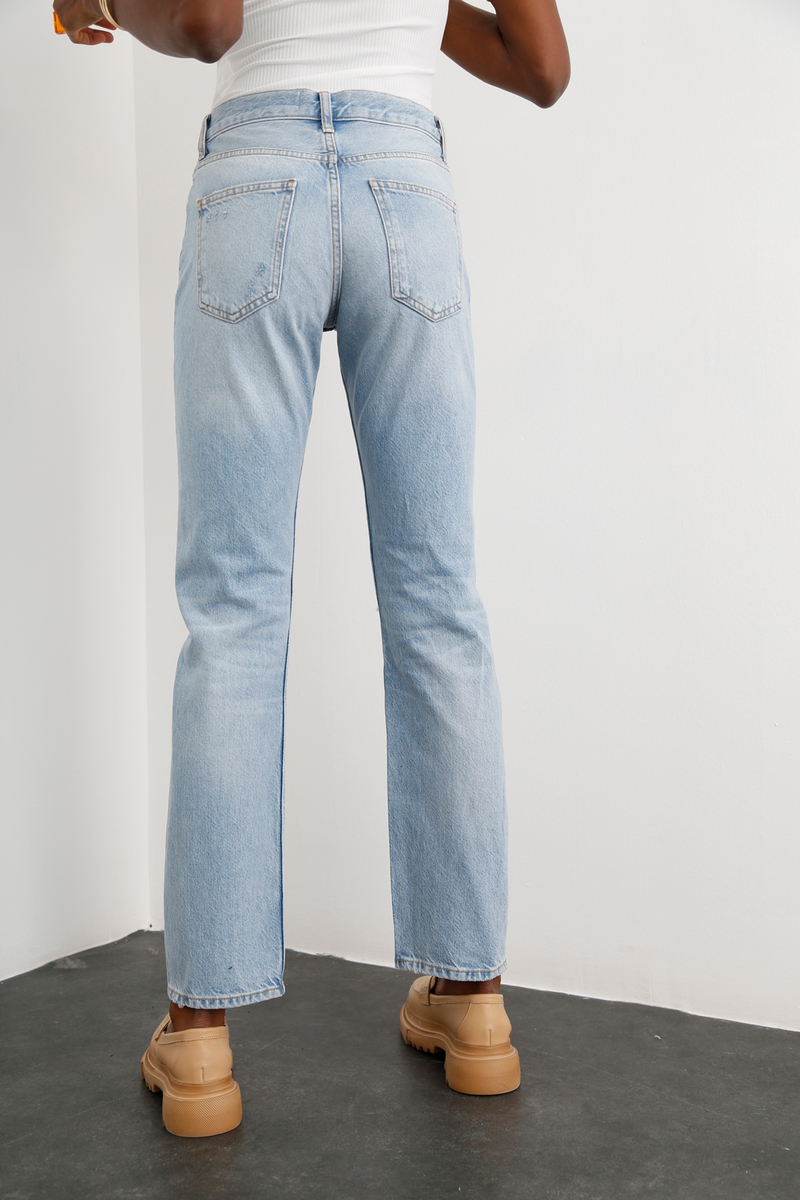 Açık Mavi Yüksek Bel Yırtıklı Straight Fit Jean 