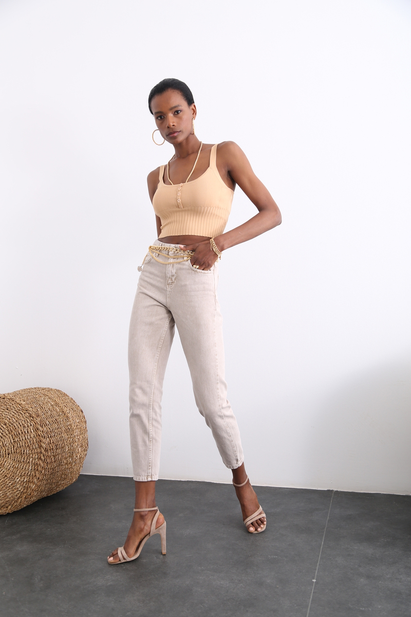 Açık Vizon Yüksek Bel Mom Jean 50281