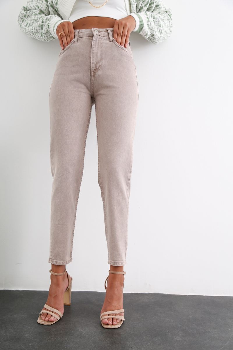 Açık Vizon Yüksek Bel Yıkamalı Mom Jean 50281